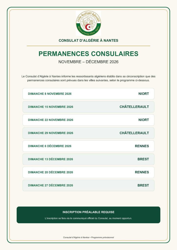 Planning des Permanences Consulaires pour les Mois de Novembre -Décembre 2026.